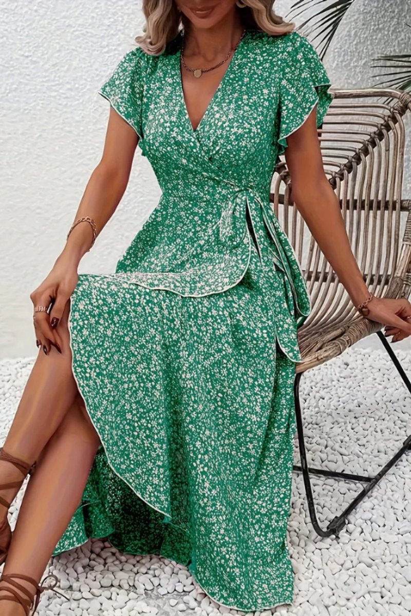 Tessa | Dames Bloemen Wikkel Avondjurk V-hals Asymmetrische Midi