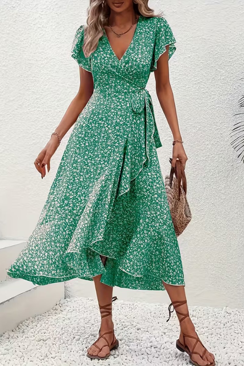 Tessa | Dames Bloemen Wikkel Avondjurk V-hals Asymmetrische Midi