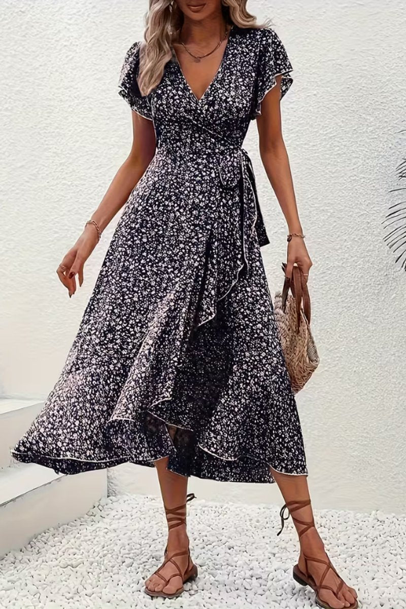 Tessa | Dames Bloemen Wikkel Avondjurk V-hals Asymmetrische Midi