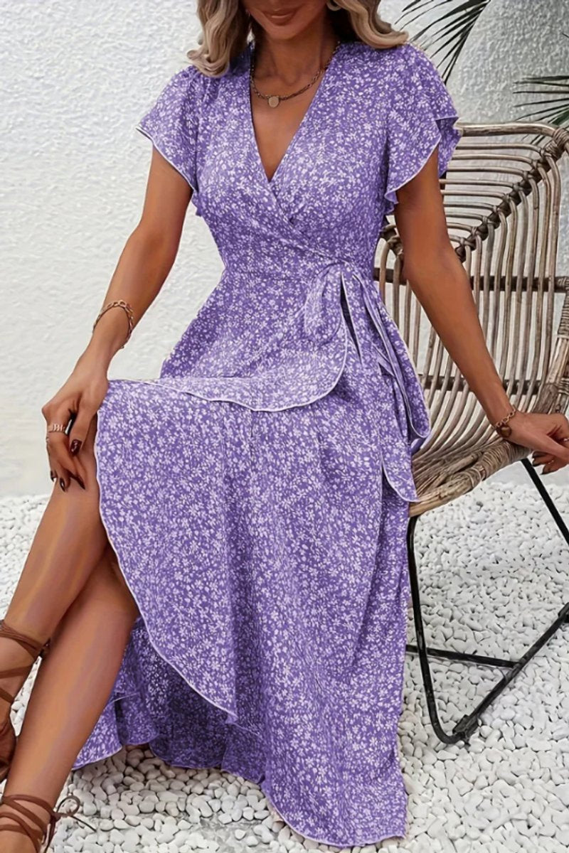 Tessa | Dames Bloemen Wikkel Avondjurk V-hals Asymmetrische Midi