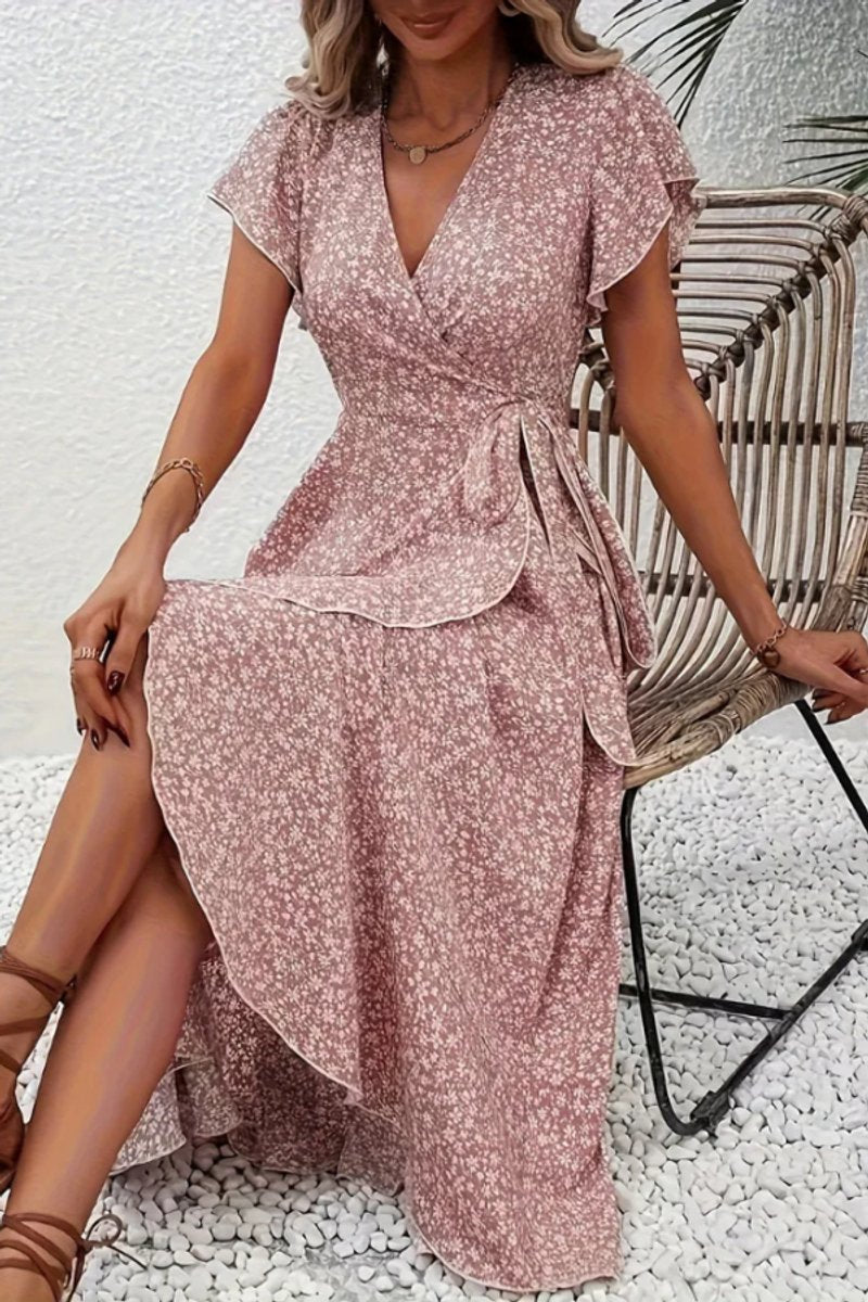 Tessa | Dames Bloemen Wikkel Avondjurk V-hals Asymmetrische Midi