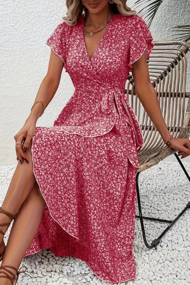 Tessa | Dames Bloemen Wikkel Avondjurk V-hals Asymmetrische Midi