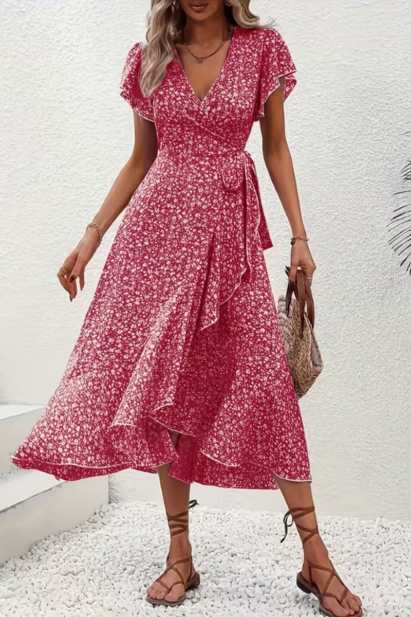Tessa | Dames Bloemen Wikkel Avondjurk V-hals Asymmetrische Midi