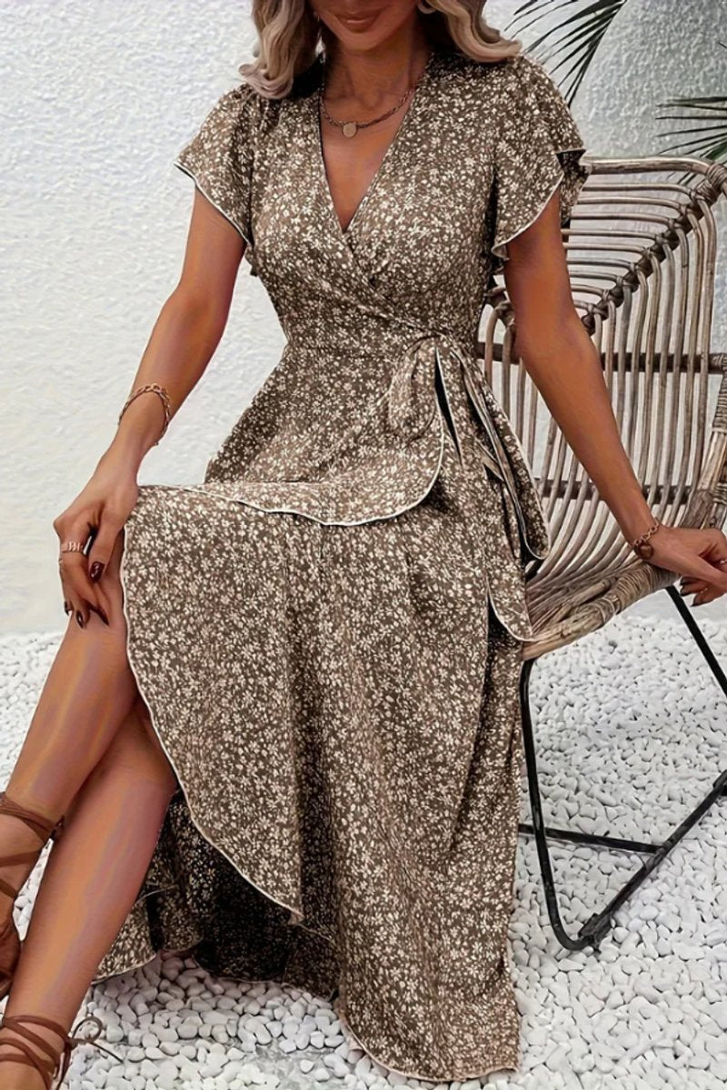 Tessa | Dames Bloemen Wikkel Avondjurk V-hals Asymmetrische Midi