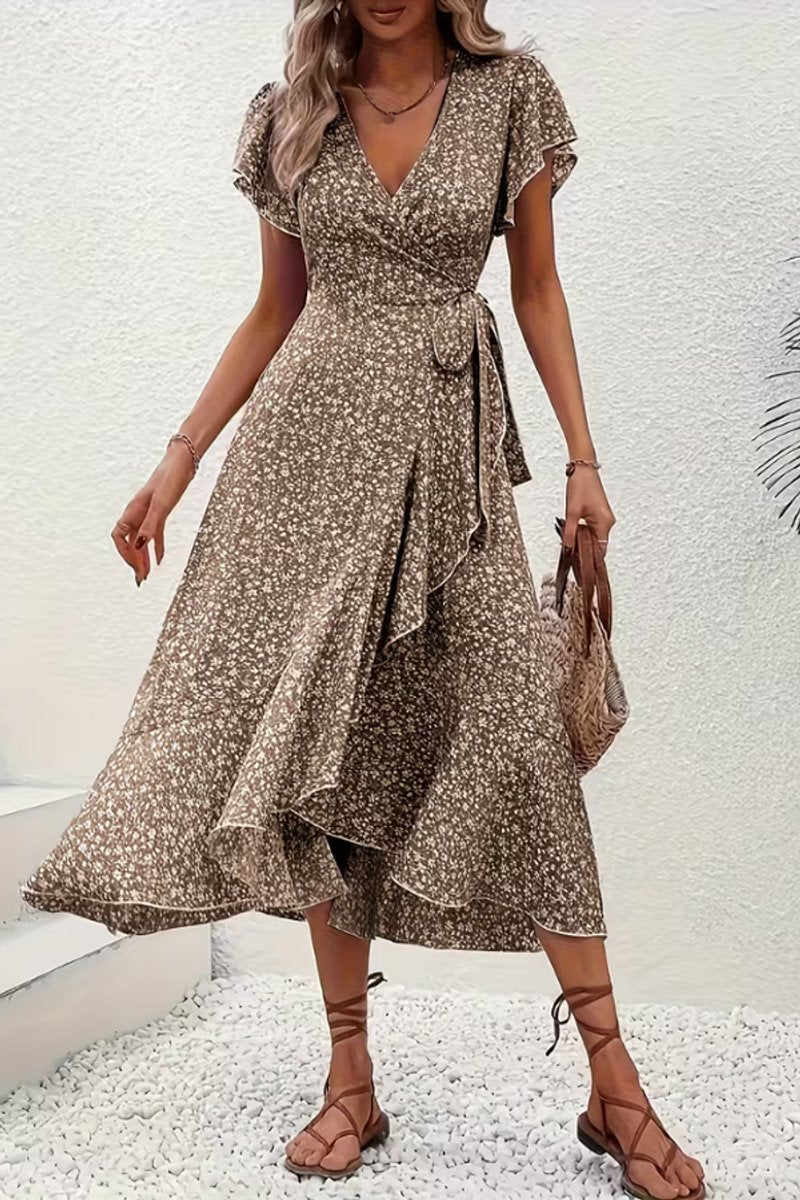 Tessa | Dames Bloemen Wikkel Avondjurk V-hals Asymmetrische Midi