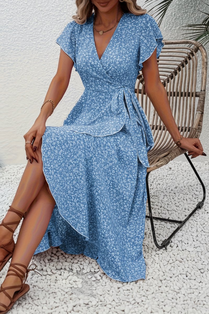 Tessa | Dames Bloemen Wikkel Avondjurk V-hals Asymmetrische Midi
