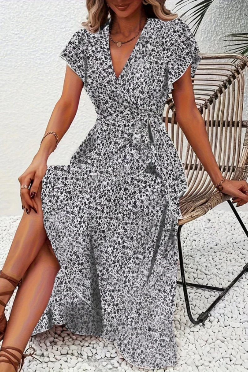 Tessa | Dames Bloemen Wikkel Avondjurk V-hals Asymmetrische Midi
