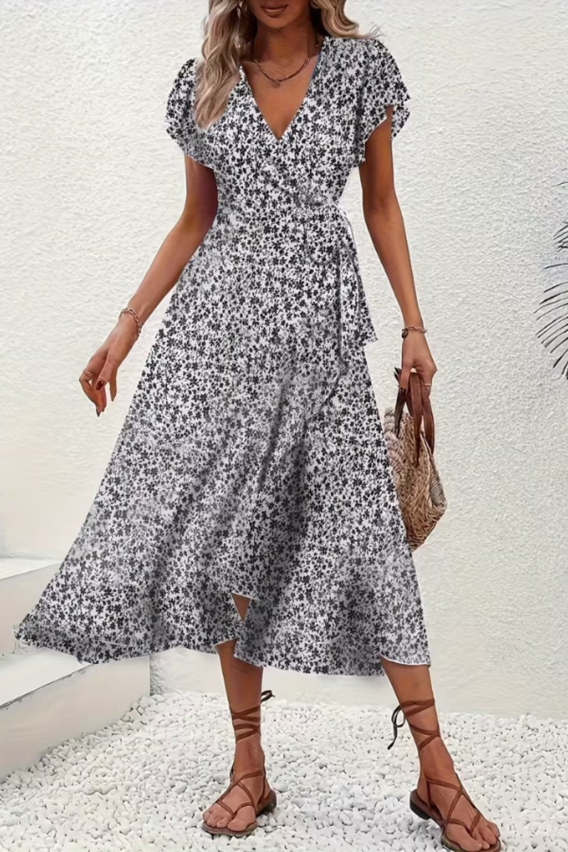 Tessa | Dames Bloemen Wikkel Avondjurk V-hals Asymmetrische Midi
