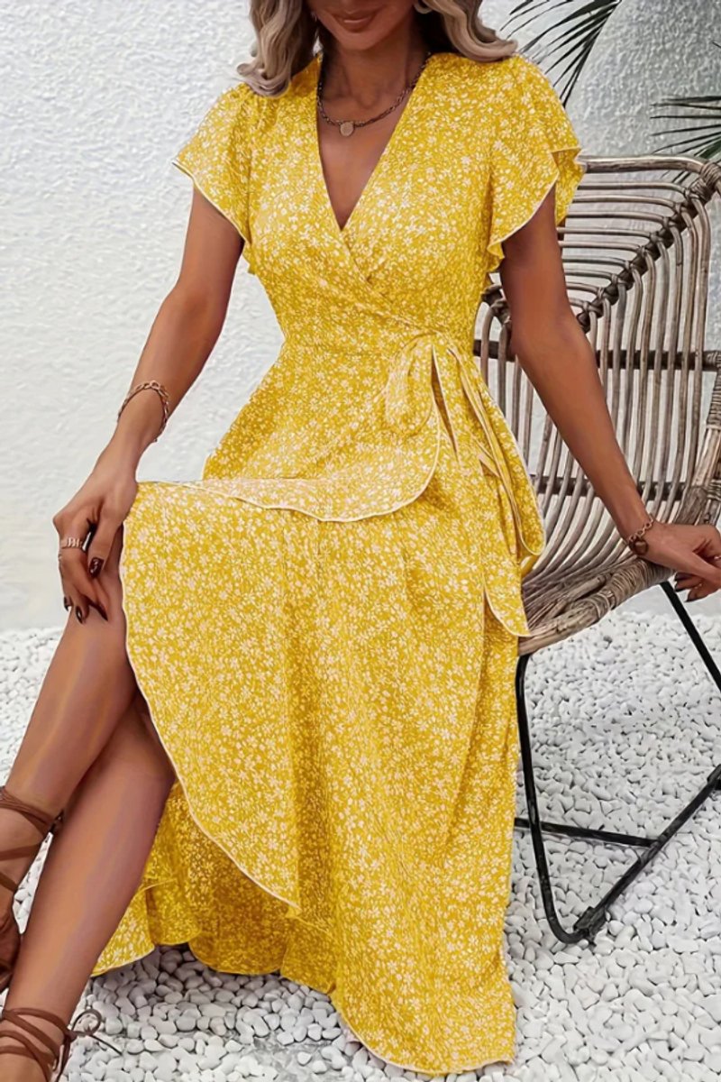 Tessa | Dames Bloemen Wikkel Avondjurk V-hals Asymmetrische Midi