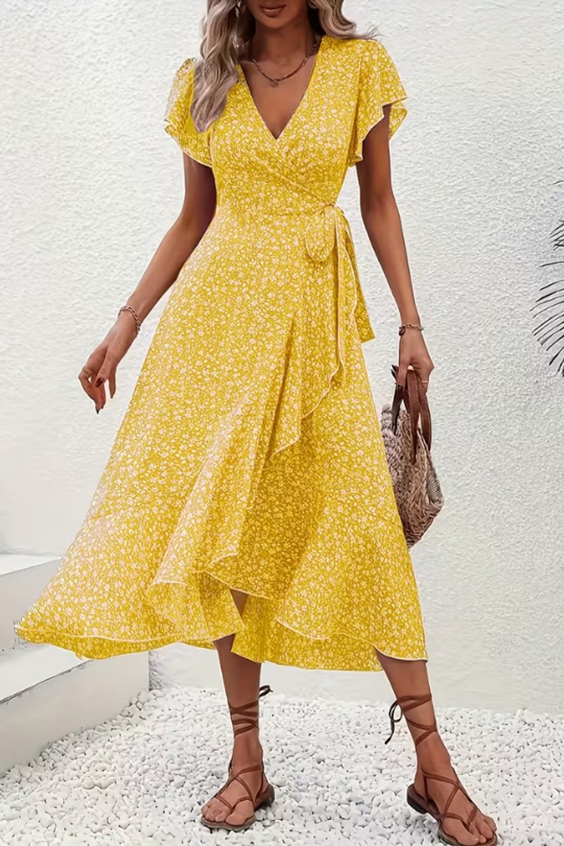 Tessa | Dames Bloemen Wikkel Avondjurk V-hals Asymmetrische Midi