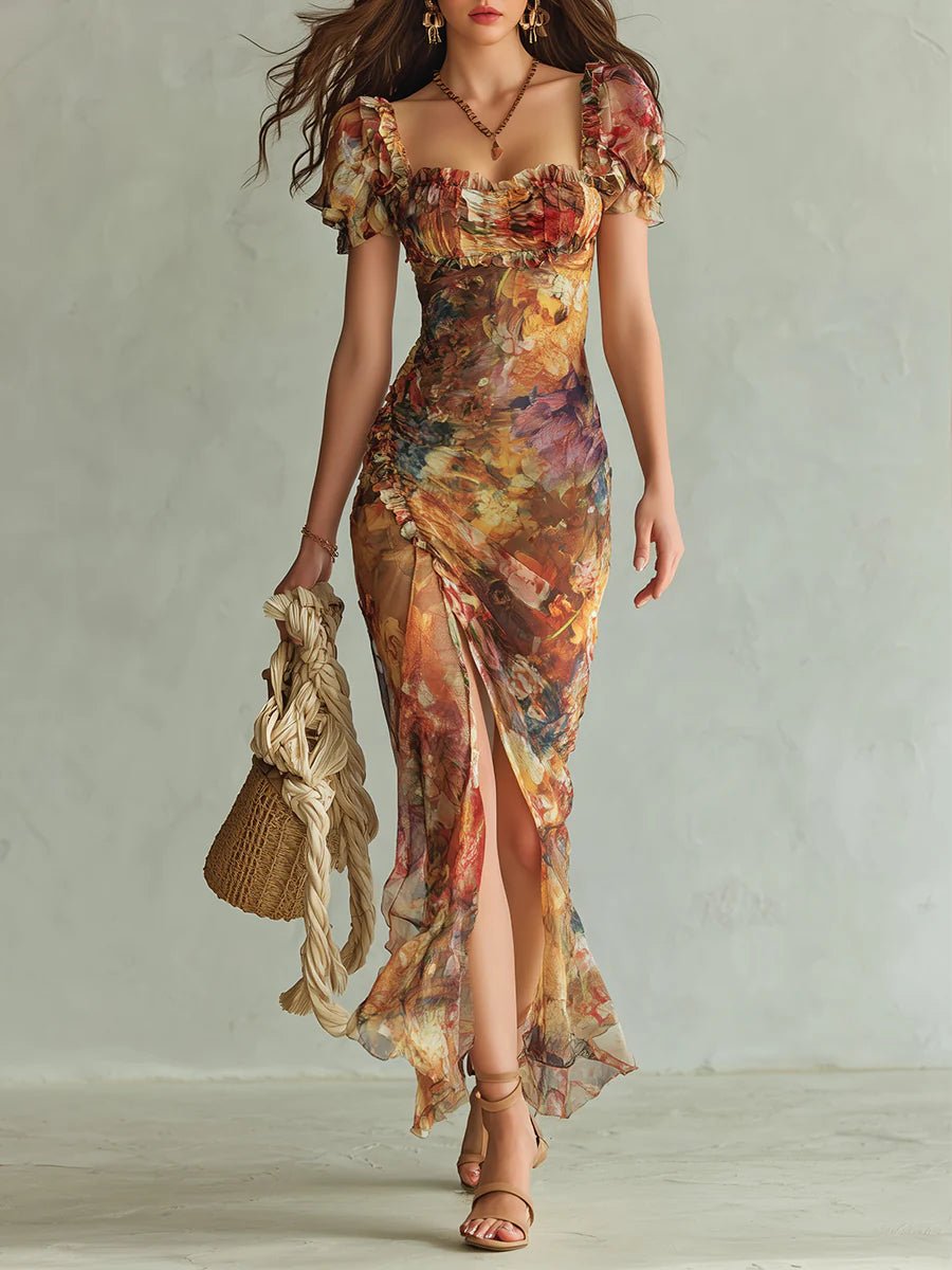 Roos | Dames Bloemenprint Chiffon Maxi-jurk Ruche Sweetheart Hals