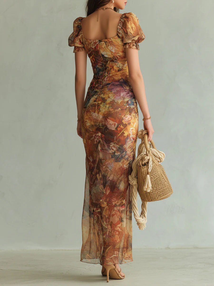 Roos | Dames Bloemenprint Chiffon Maxi-jurk Ruche Sweetheart Hals