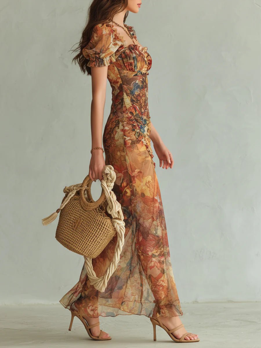 Roos | Dames Bloemenprint Chiffon Maxi-jurk Ruche Sweetheart Hals