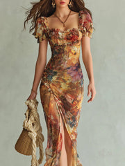 Roos | Dames Bloemenprint Chiffon Maxi-jurk Ruche Sweetheart Hals
