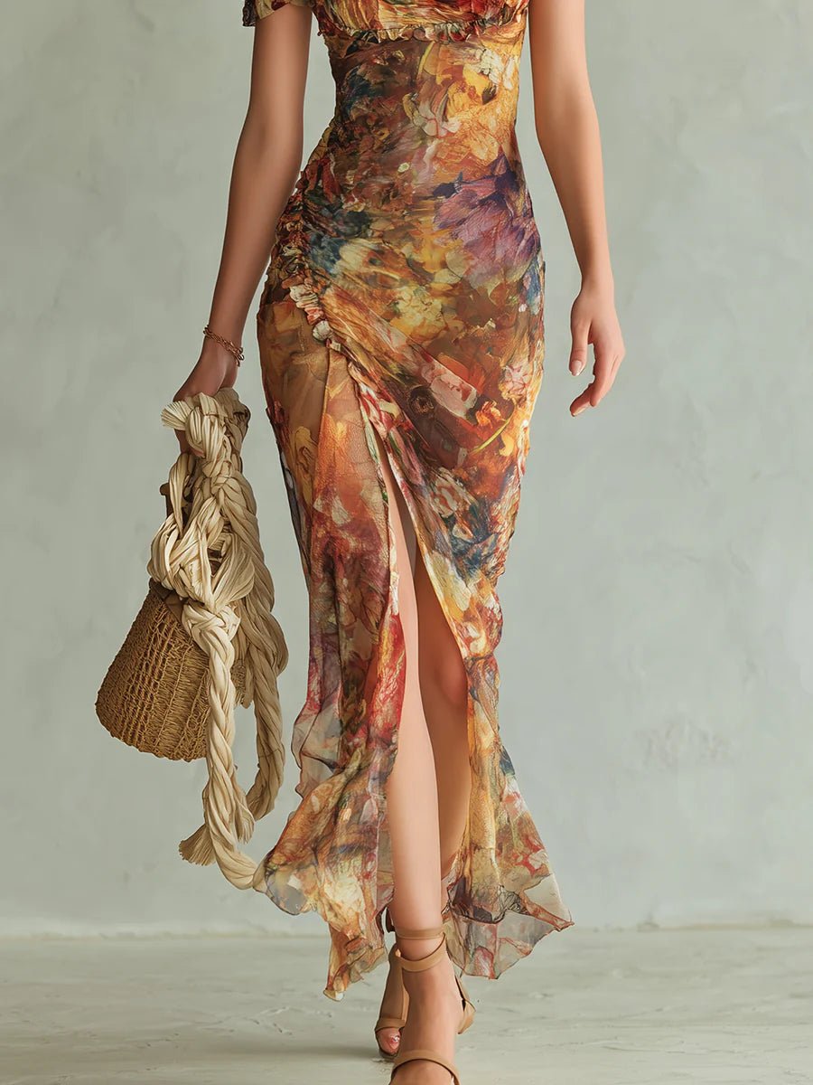 Roos | Dames Bloemenprint Chiffon Maxi-jurk Ruche Sweetheart Hals