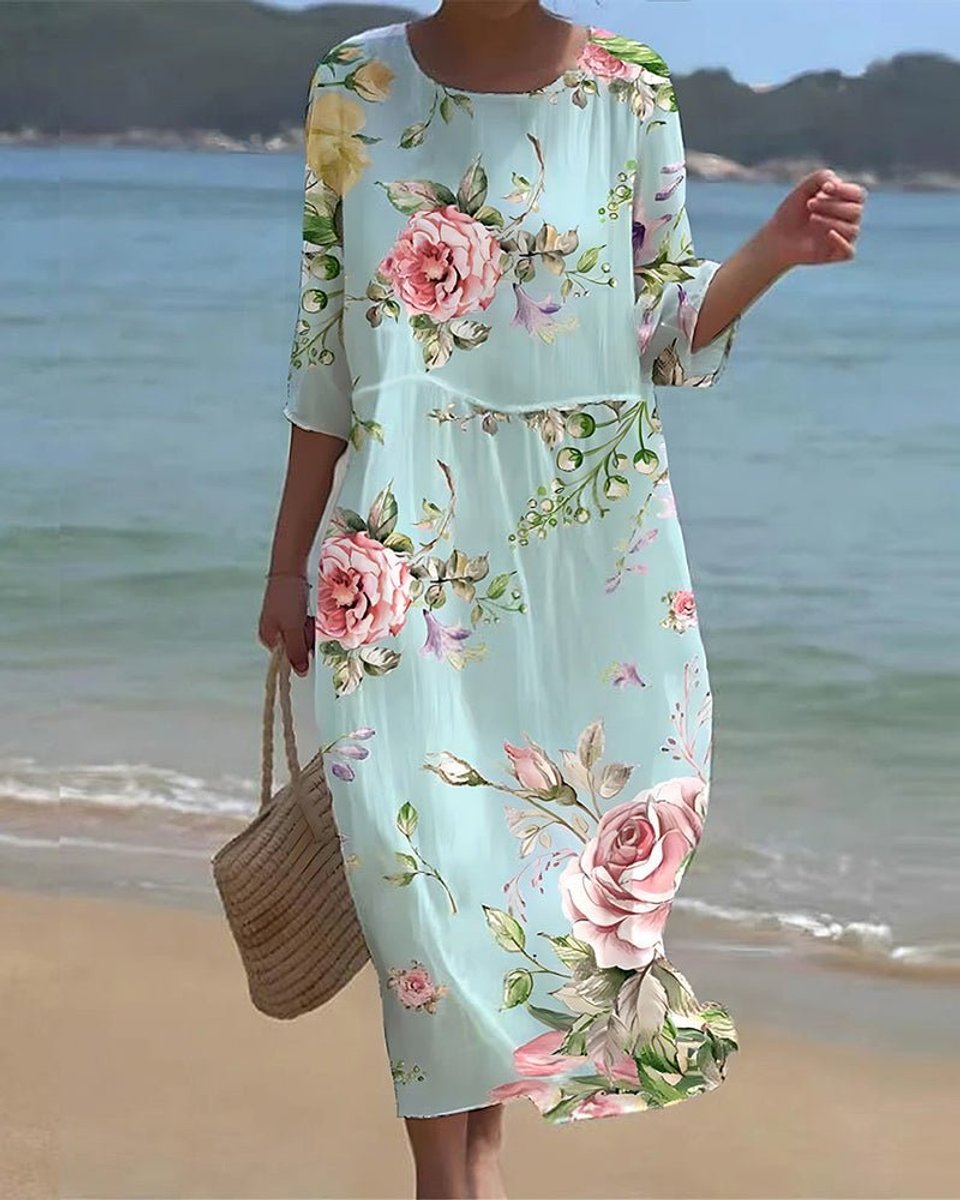 Nora | Dames Bloemenprint Midi-jurk met Driekwart Mouw