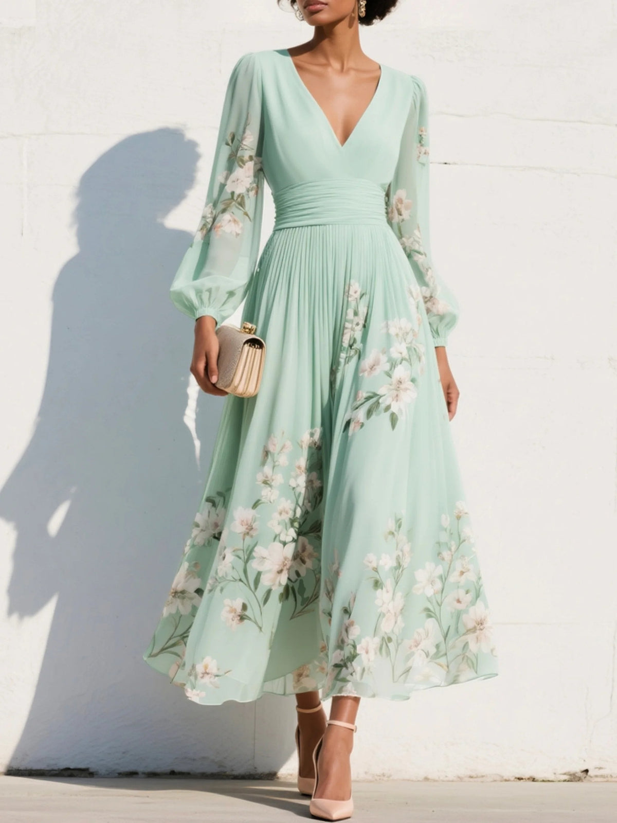 Nina | Dames Bloemenprint V-hals Geplooide Ballonmouw Midi Jurk