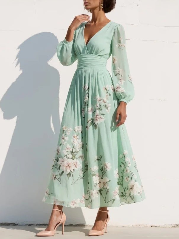 Nina | Dames Bloemenprint V-hals Geplooide Ballonmouw Midi Jurk