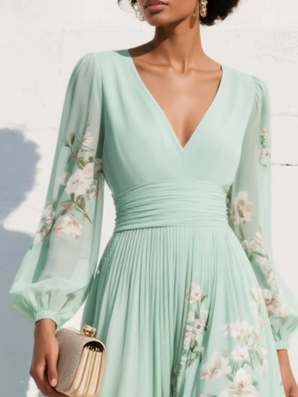 Nina | Dames Bloemenprint V-hals Geplooide Ballonmouw Midi Jurk