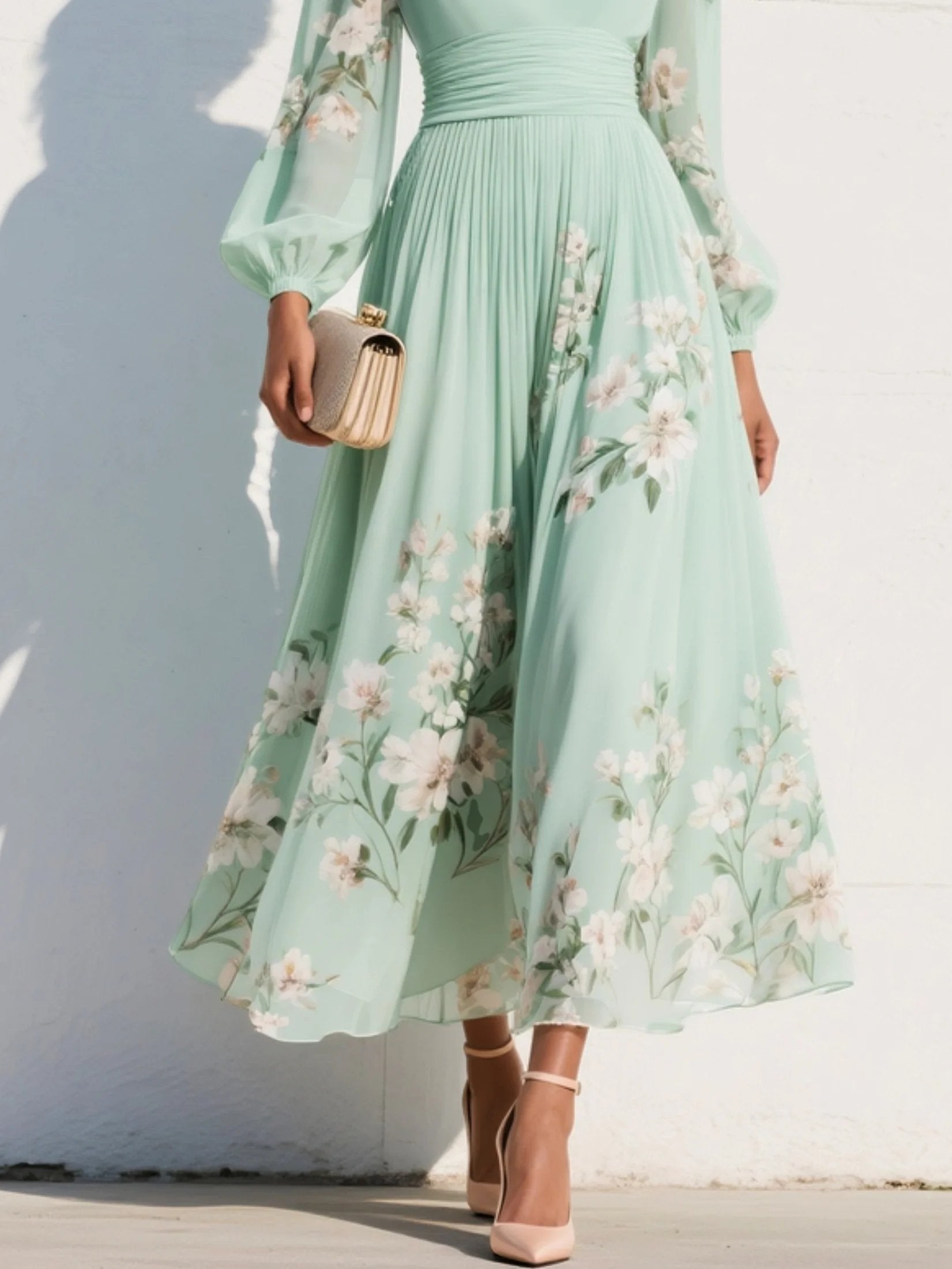 Nina | Dames Bloemenprint V-hals Geplooide Ballonmouw Midi Jurk