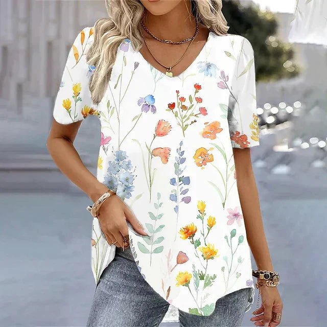 Lieke | Dames Bloemenprint V-hals Korte Mouw Top Relaxed Fit