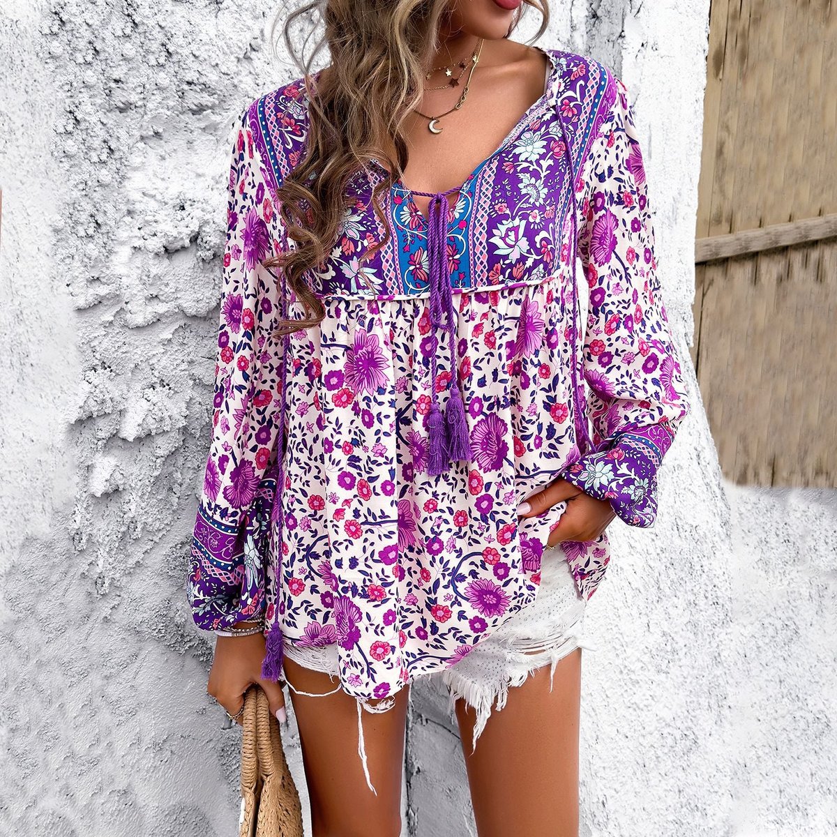 Mila | Dames Bloemenprint V-hals Wijdvallende Tunic Kwastjes Trekkoord