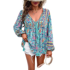Mila | Dames Bloemenprint V-hals Wijdvallende Tunic Kwastjes Trekkoord