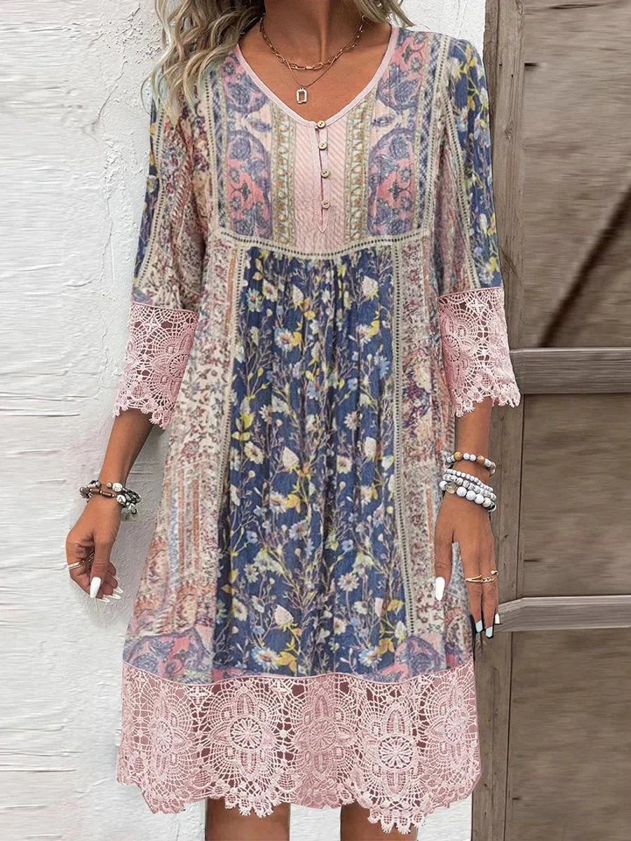 Sanne | Dames Bohemian Gebloemde Tunic Jurk Kanten Mouwen