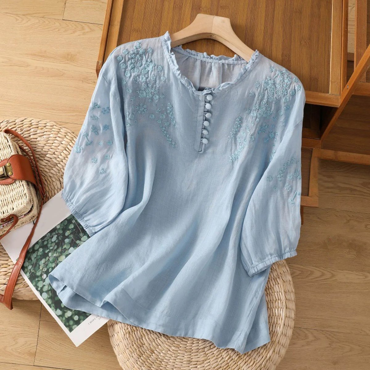Nina | Dames Bohemian Geborduurd Ruche Kraag Linnen Blouse