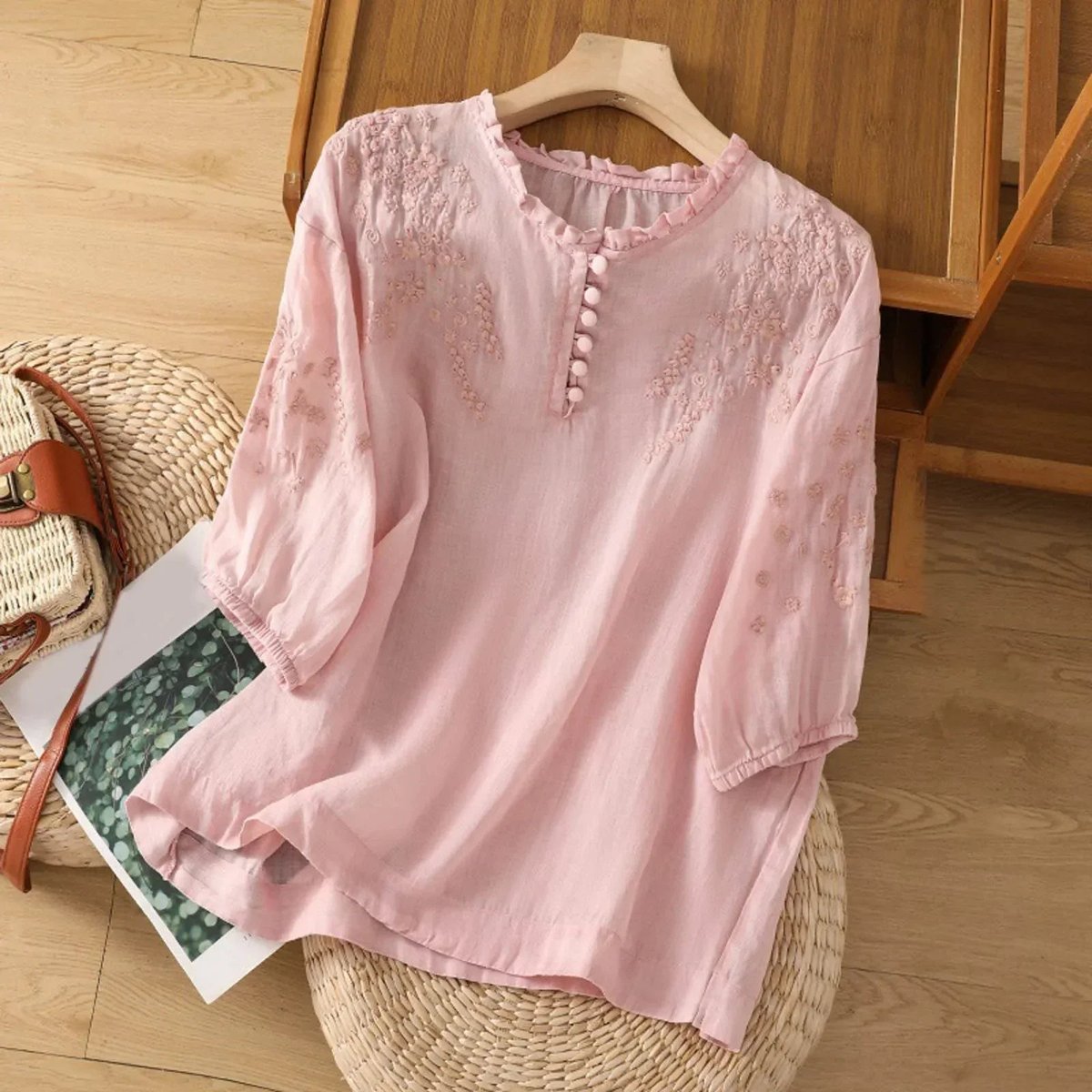 Nina | Dames Bohemian Geborduurd Ruche Kraag Linnen Blouse