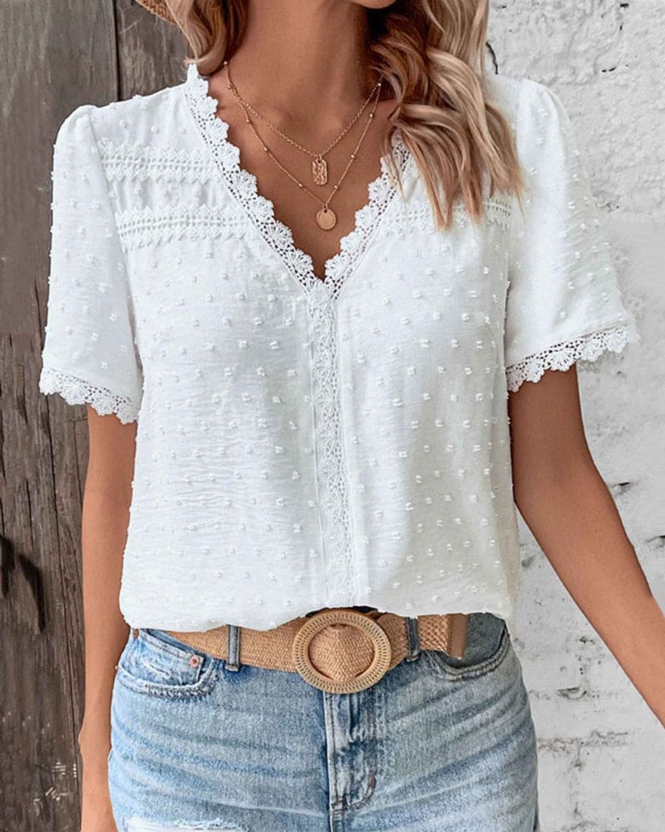 Julia | Dames Bohemian Kant V-hals Swiss Dot Blouse