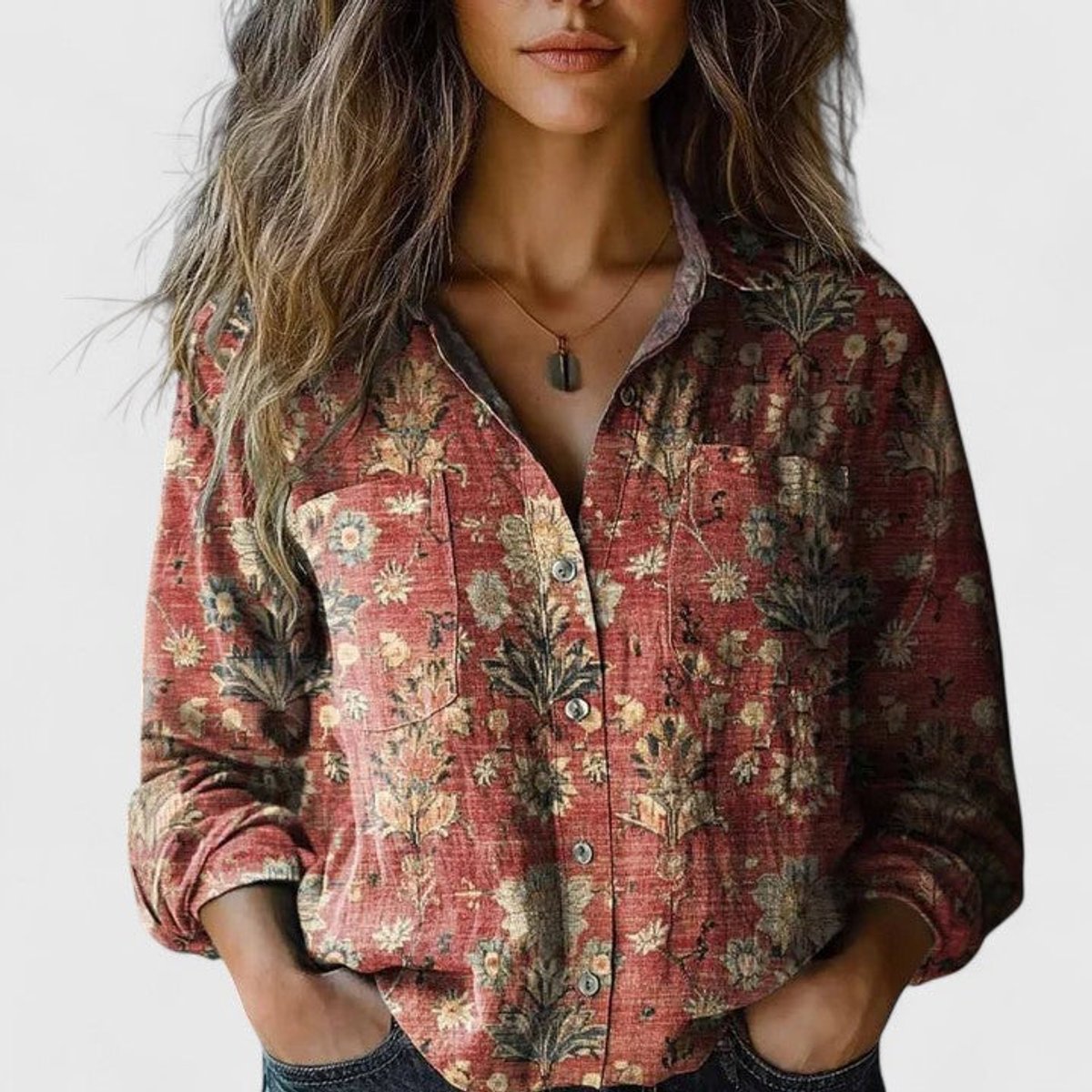 Sanne | Dames Boho Bloemenprint Lange Mouwen Knoopsluiting Blouse