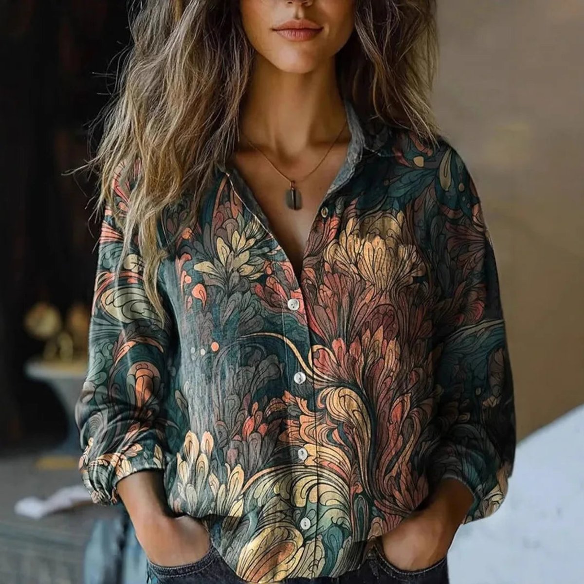Sanne | Dames Boho Bloemenprint Lange Mouwen Knoopsluiting Blouse