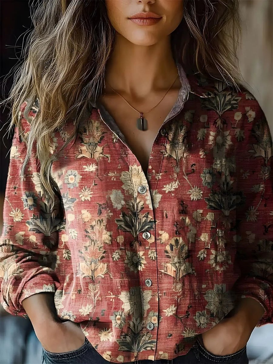 Sanne | Dames Boho Bloemenprint Lange Mouwen Knoopsluiting Blouse
