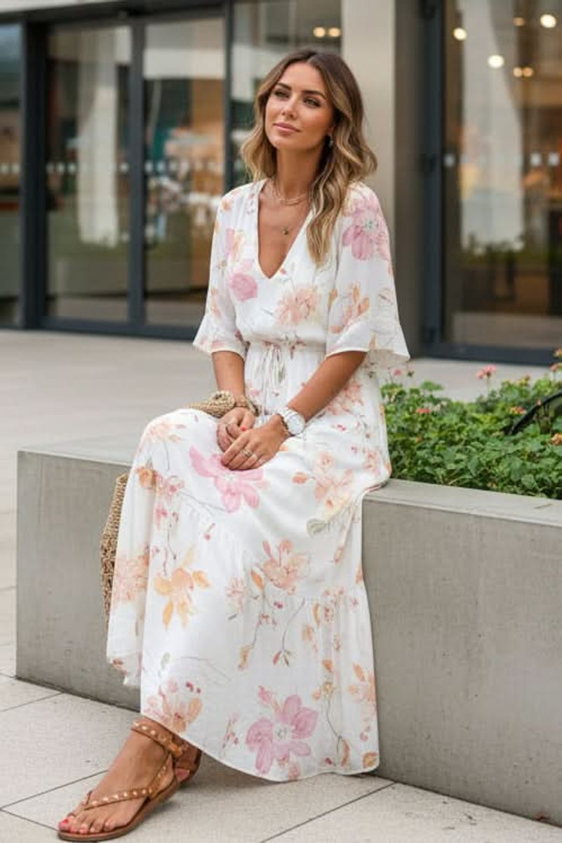 Nora | Dames Boho Bloemenprint Maxi Avondjurk V-hals Verstelbare Taille