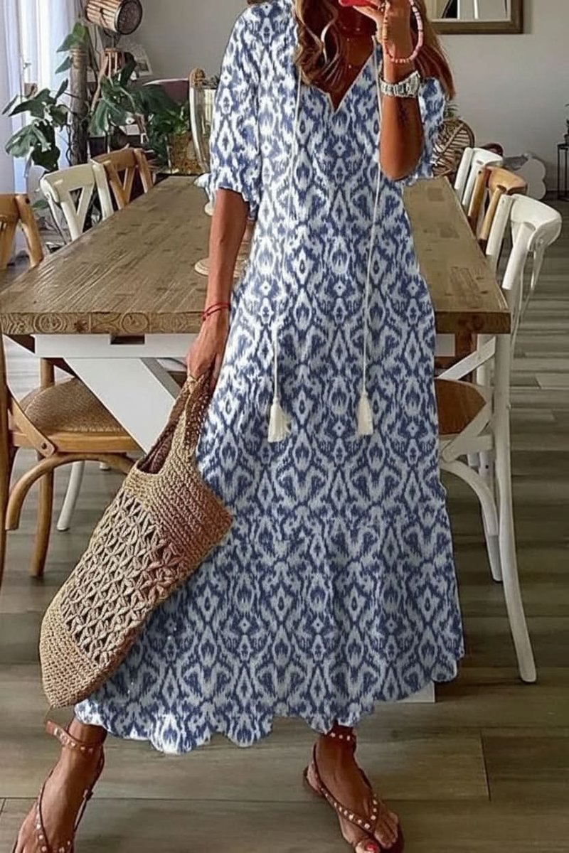 Nora | Dames Boho Bloemenprint Maxi Avondjurk V-hals Verstelbare Taille