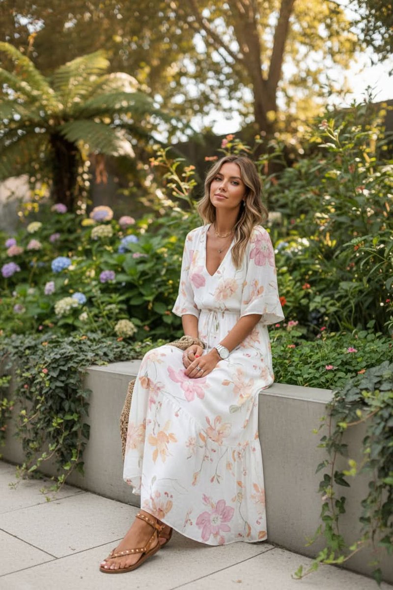 Nora | Dames Boho Bloemenprint Maxi Avondjurk V-hals Verstelbare Taille