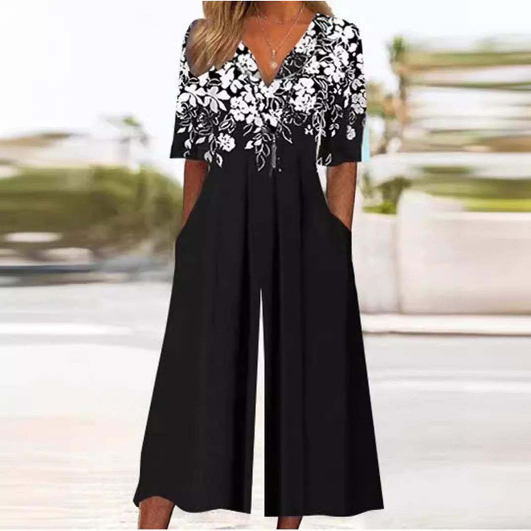 Nora | Dames Boho Bloemenprint V-hals Jumpsuit Rechte Pijpen