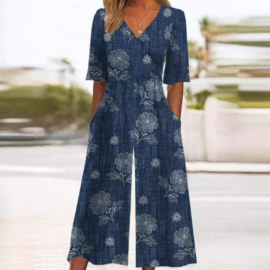 Nora | Dames Boho Bloemenprint V-hals Jumpsuit Rechte Pijpen