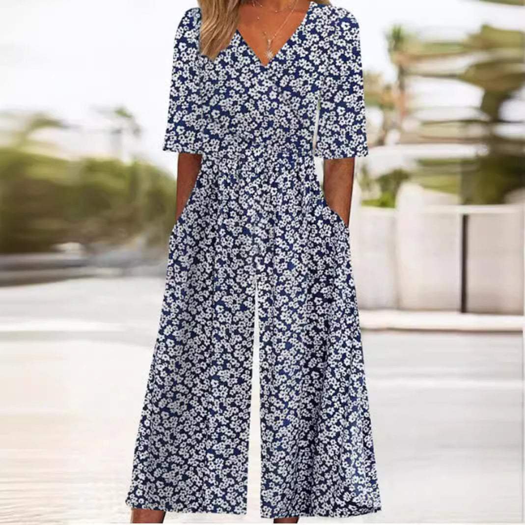 Nora | Dames Boho Bloemenprint V-hals Jumpsuit Rechte Pijpen
