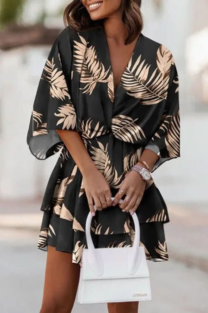 Fleur | Dames Boho Cocktailjurk Tropische Print V-hals Mini