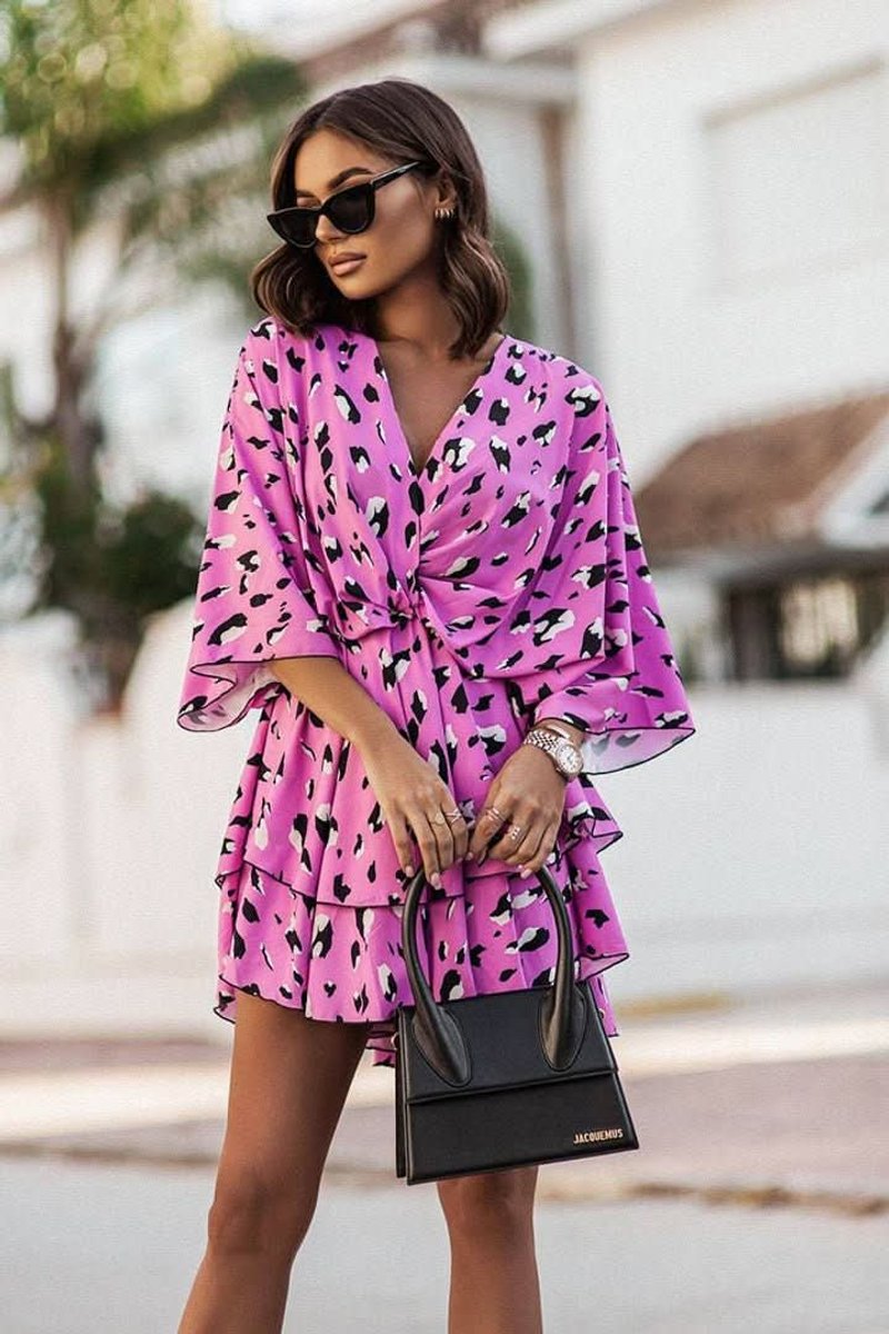 Fleur | Dames Boho Cocktailjurk Tropische Print V-hals Mini
