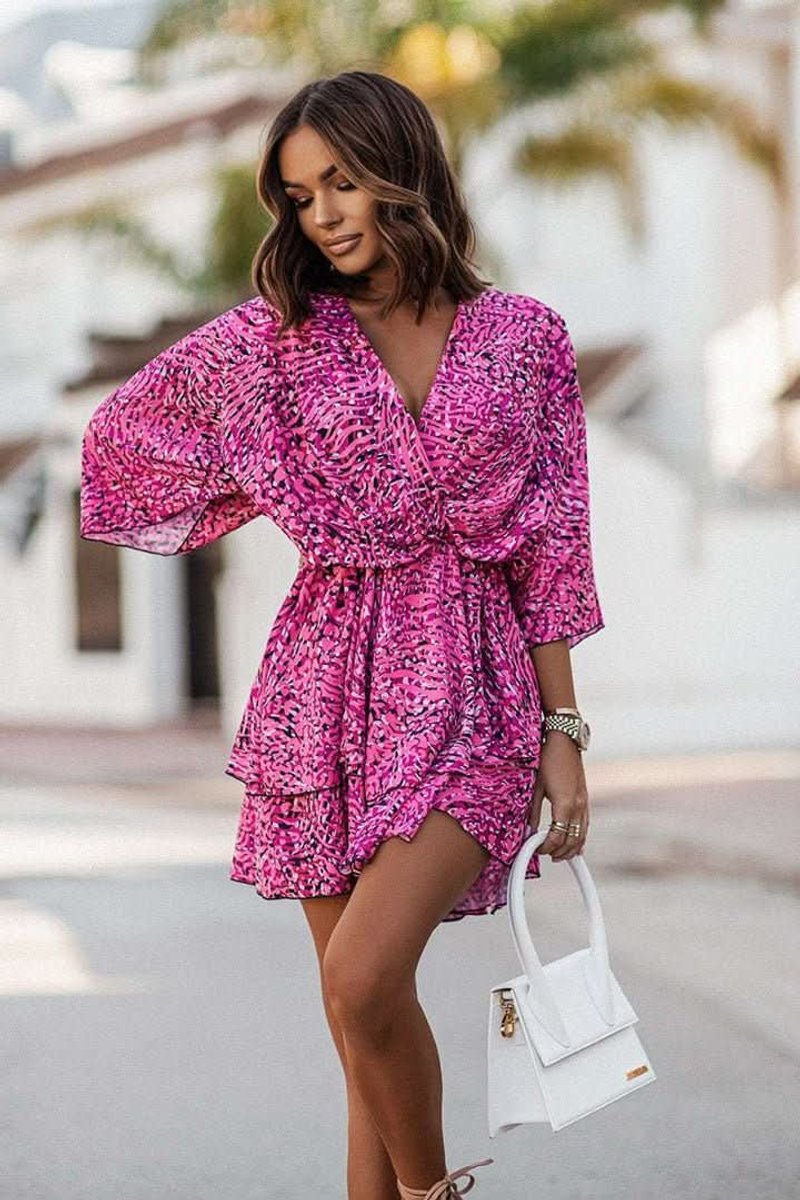 Fleur | Dames Boho Cocktailjurk Tropische Print V-hals Mini