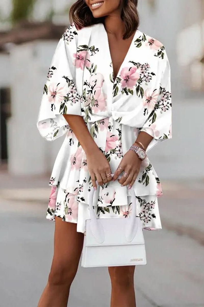 Fleur | Dames Boho Cocktailjurk Tropische Print V-hals Mini