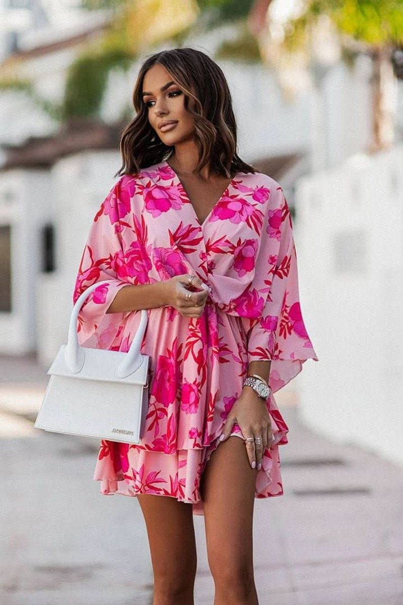 Fleur | Dames Boho Cocktailjurk Tropische Print V-hals Mini