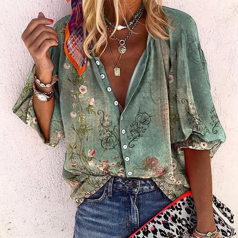 Emma | Dames Boho Gebloemde V-Hals Blouse Lange Mouw
