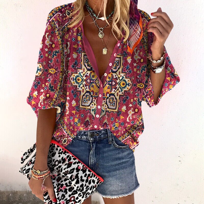 Emma | Dames Boho Gebloemde V-Hals Blouse Lange Mouw