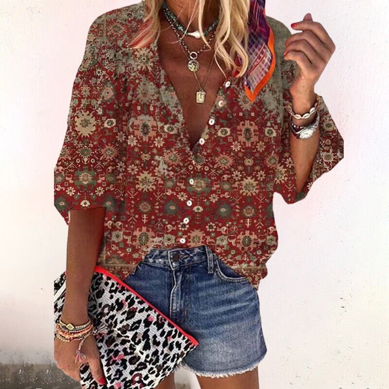 Emma | Dames Boho Gebloemde V-Hals Blouse Lange Mouw