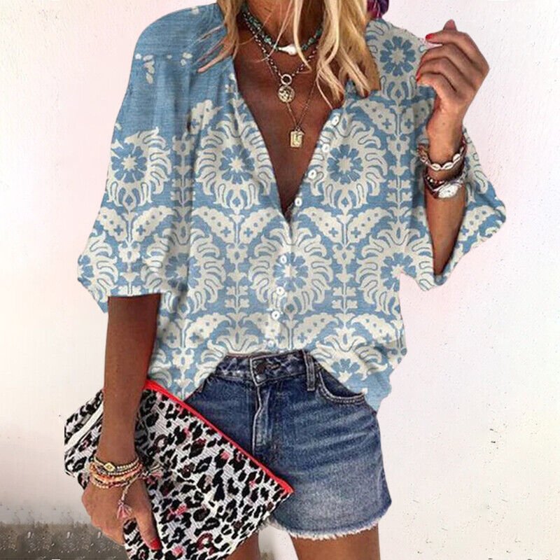 Emma | Dames Boho Gebloemde V-Hals Blouse Lange Mouw