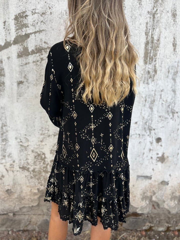 Roos | Dames Boho Gelaagde Jurk Wijde Mouwen Gouden Details